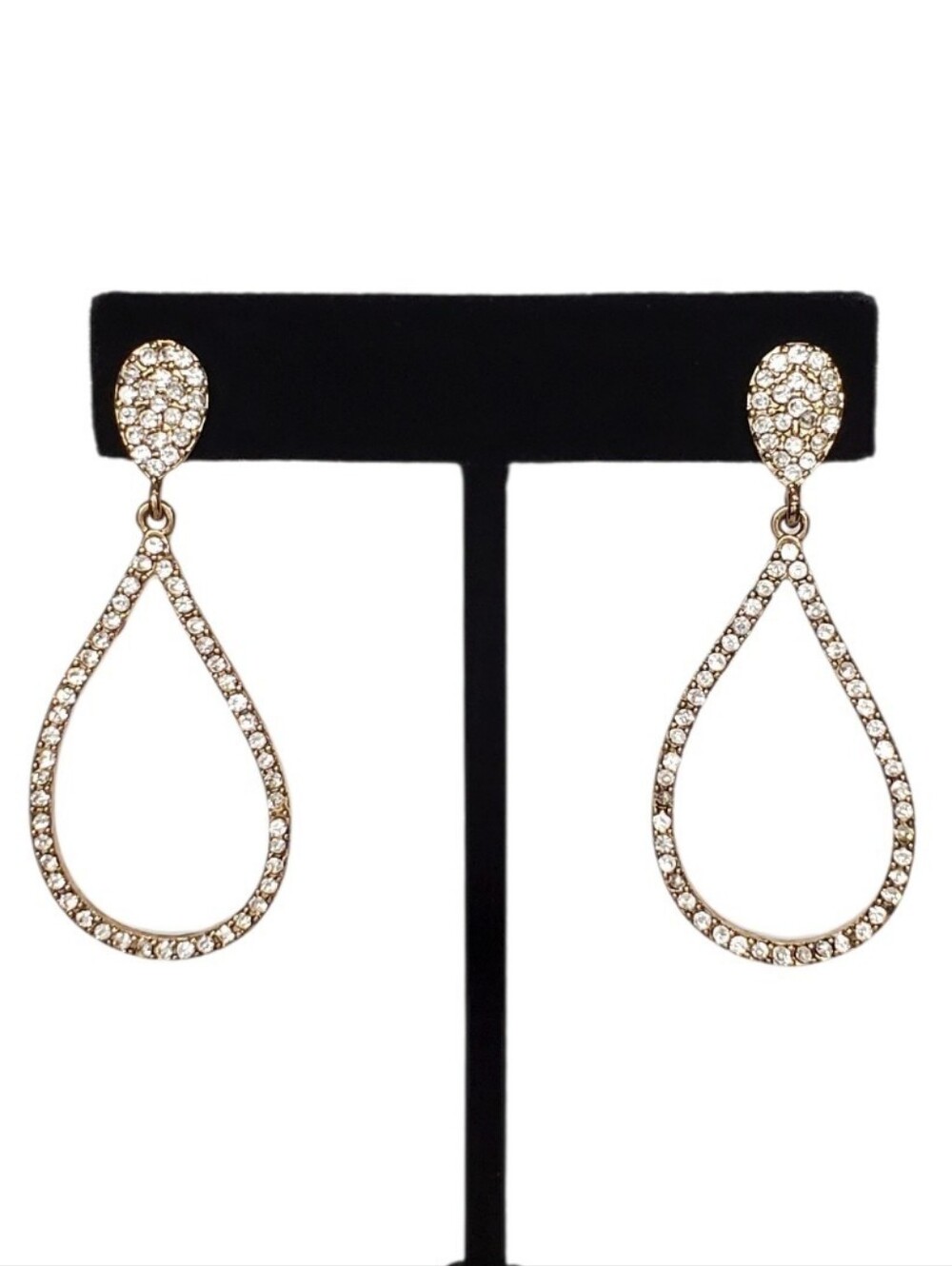Estate Unsigned Gold-Tone Clear Rhinestone Pave Open Pear Drop/Teardrop Earrings